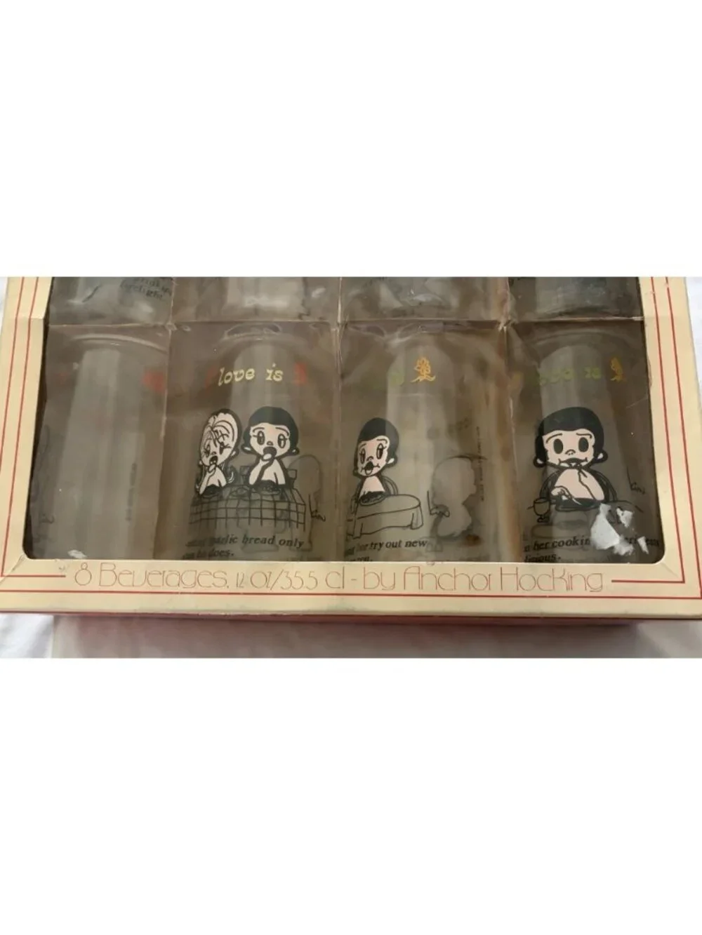 Vintage Anchor Hocking 1976 Kim Casali LA Times Love Is 8 Pc Set 12oz Glass Cups
